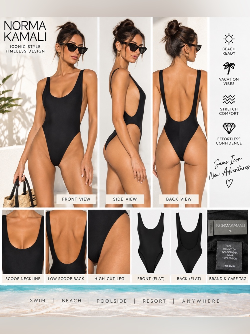 norma kamali low back bathing suit Women’s XS Black X-Small